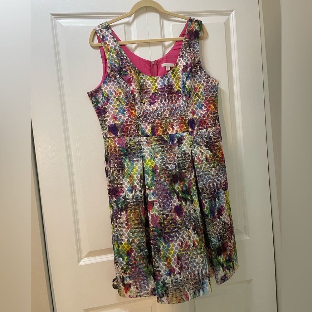 New York & Co. Wom. 16 Scrambled Digital Design Box Pleated Lined Dress Pockets!